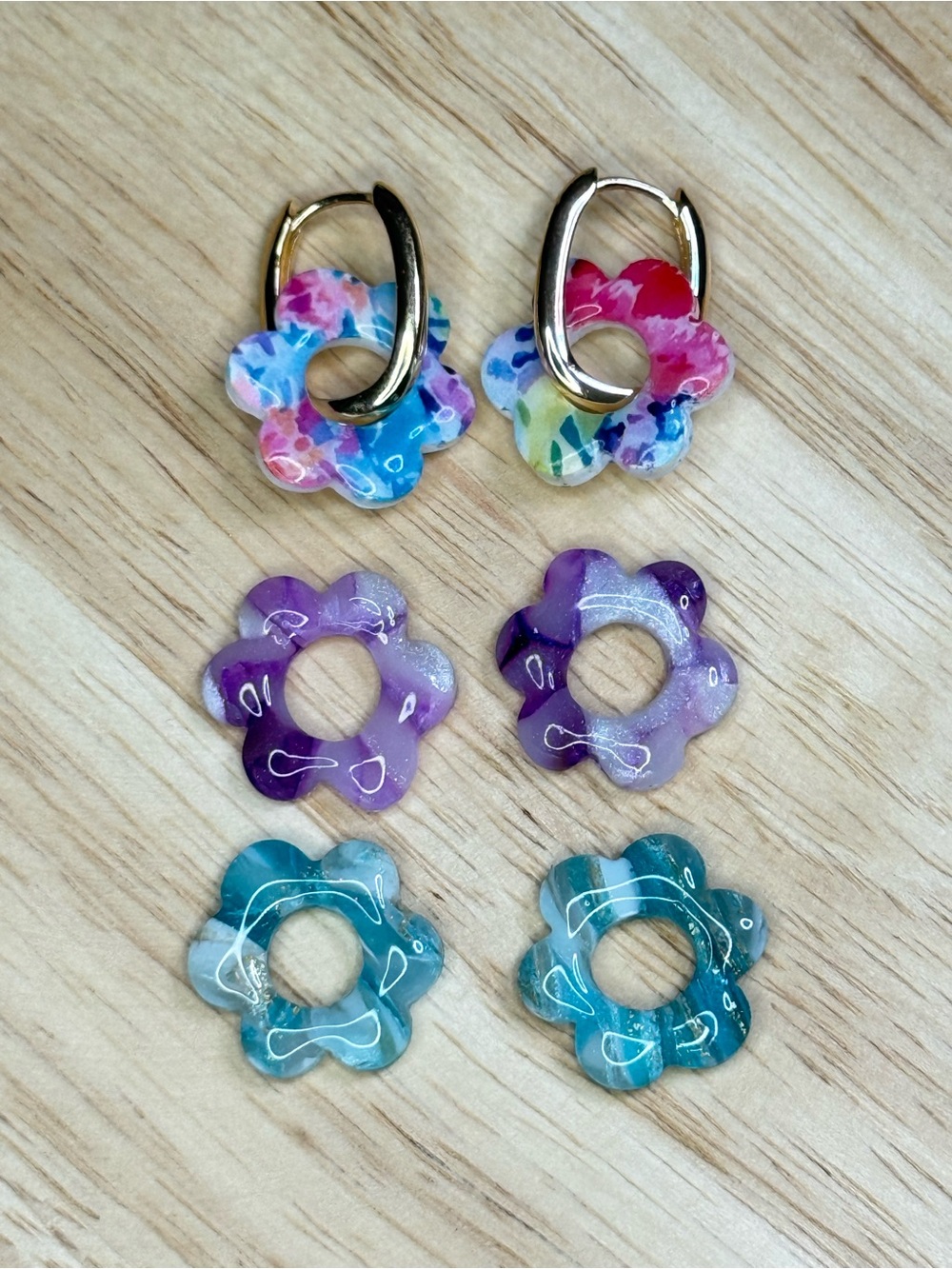 Interchangeable Flower Hoop Charm Earrings - Removable Floral Dangles